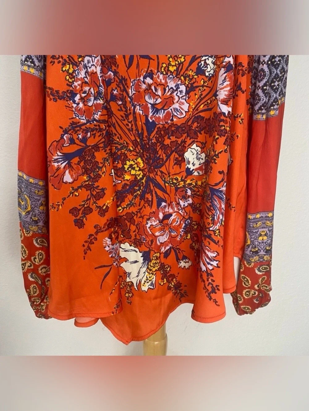 Free People Women Orange Red Paisley Satin Balloon Sleeve Blouse Size Large Boho